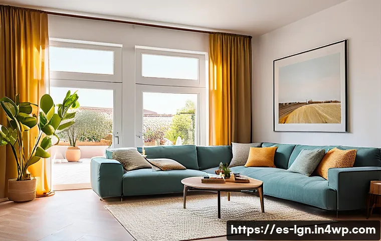 에너지 절감 목표 설정 방법 - A modern Spanish family home interior during daytime, showcasing a living room bathed in natural sun...