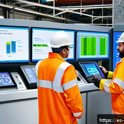 Home 30 에너지 관리 시스템의 경제적 효과 - A modern industrial facility interior showing an advanced energy management system in action, with s...