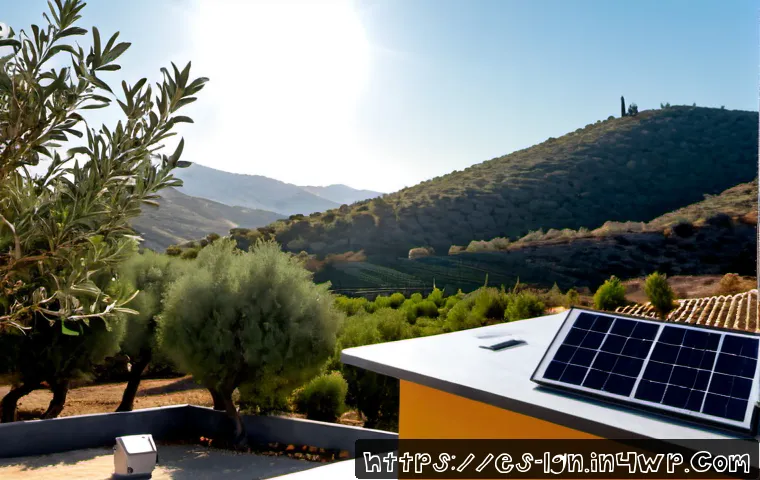 Home 17 신재생 에너지와 에너지 관리의 연계 - Photorealistic solar-powered Spanish countryside home at golden morning, rooftop solar panels and a ...